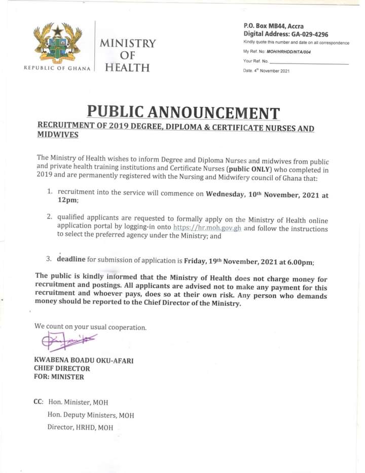 Ministry of Health recruits 2019 Nurses and Midwives 