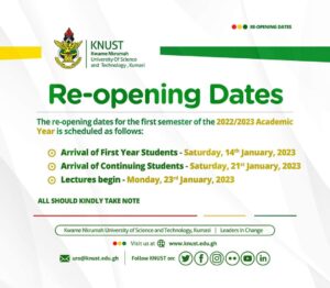 Re-opening dates for KNUST students 2023