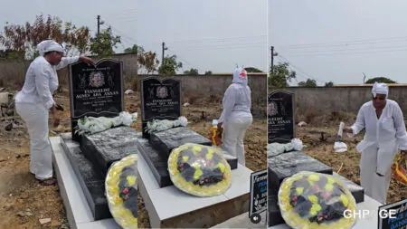 Empress Gifty pay a visit to mother’s grave to sprinkle oil and powder